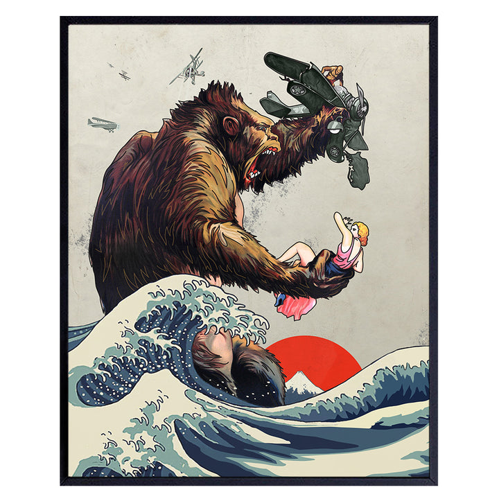 King Kong Poster - Great Wave Off Kanagawa - Gift for Vintage Hollywood Horror Movie Fans - Monster Movie Wall Decor, Art Print - Boys Room, Teen Room Decor - 8x10 UNFRAMED Picture Print