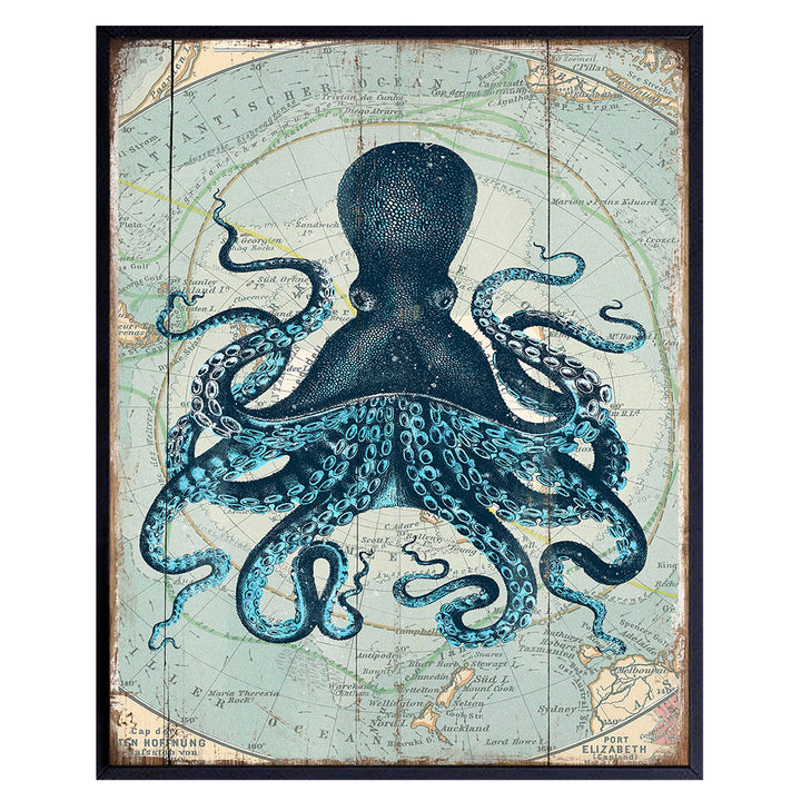 Retro Style Nautical Home, Office, Apartment or Wall Decor Picture - Vintage Octopus Photo Print is Great Gift or Decoration for Bathroom, Beach or Ocean House - 8x10 Art Poster