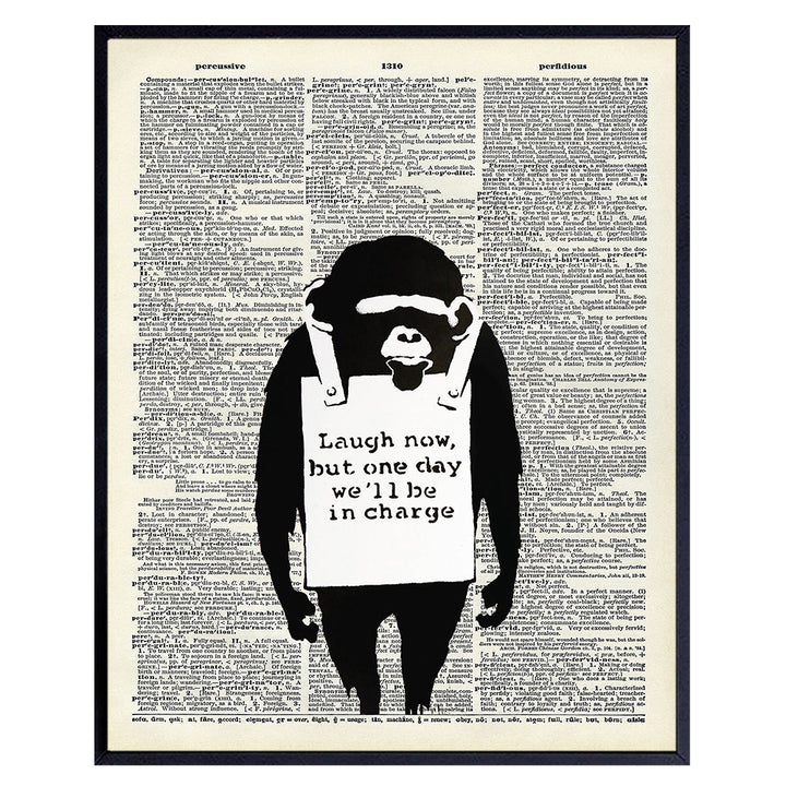 Banksy Graffiti Dictionary Art - Laugh Now Monkey Chimp Poster - 8x10 Street Mural, Urban Wall Decor, Dorm or Home Decoration - Cool Affordable Gift - Unframed Picture Photo Poster