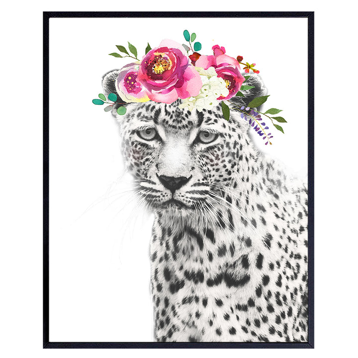 Leopard Print - Cheetah w/Flowers - Jungle Animal Floral Watercolor Wall Art Poster - Home Decor for Women, Girls, Teens or Kids, Room, Bedroom, Nursery - Cute Unique Baby Shower Gift - 8x10