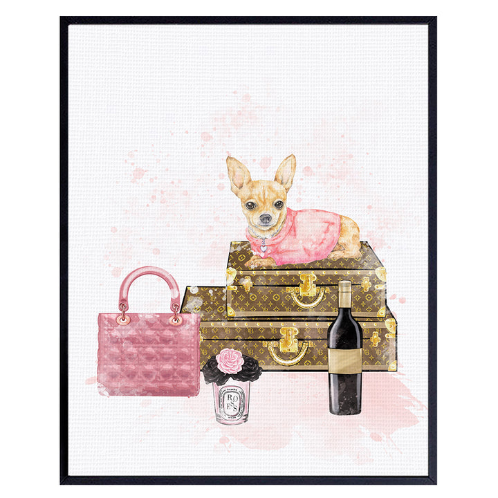 Glam High Fashion design Wall Decor - Cute Chihuahua Couture Designer Handbag Art decoration for Womens Bathroom Girls Room, Teens Bedroom, Fashionista - Luxury Fashion Gift - Pink