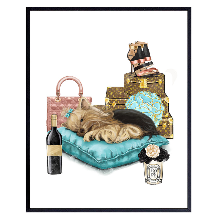 Poster of Glam Luxury Haute couture Wall Art & Decor print - Cute Yorkie Designer Handbag Shoes Luggage decoration - Fashion design Gift for Woman Girl Bedroom Teens Room Living room