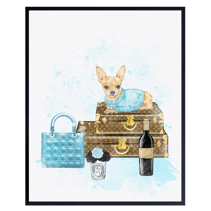 Luxury Glamour Haute couture Wall Art & Decor - High Fashion Design Dog Lover Gift - Blue Designer Handbag Wall Art decoration Home Decor - Woman Bedroom Bathroom Teen Girl Room - Bling Chihuahua