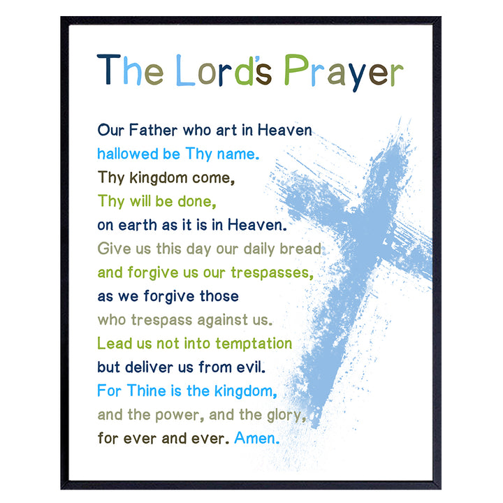 Lords Prayer Bible Verse Wall Art - Religious Scripture Boys Room Decor - Christian Gifts for Toddler or Baby Boys Bedroom, Son - Blessed Church Sunday School Kids Decorations - Cross Picture Poster