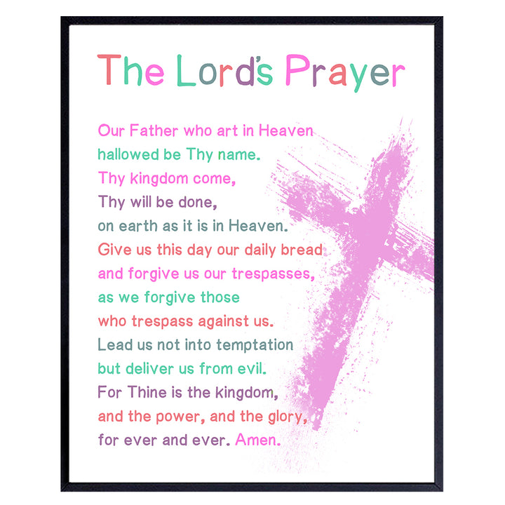 Lords Prayer Bible Verse Wall Art - Religious Scripture Girls Bedroom Decor - Christian Daughter Gifts for Toddler, Baby Girls Room - Blessed Church Sunday School Kids Decorations - Pink Cross Poster