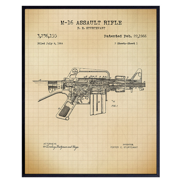 M-16 Assault Rifle Patent Print - Unique Gift or Wall Art for Gun, Firearm, 2nd Amendment Enthusiasts, Army Marines Military Veterans - Home Decor for Man Cave, Living Room - 8x10 UNFRAMED Poster