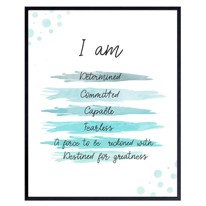 Affirmations Wall Art - I Am Positive Affirmations Wall Decor - Self-help Wall Art - Encouragement Gifts for Women - Inspirational Wall Art - Blue Home Office Wall Decor - Motivational poster Unframed