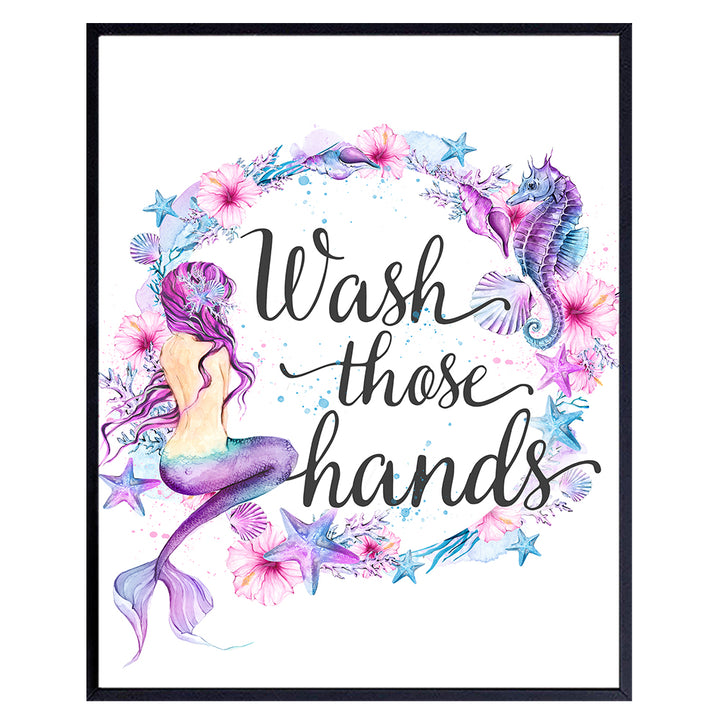 Mermaid Bathroom Wall Art - Restroom Sign - Bath Wall Decor - Nautical Ocean, Beach or Lake House Decorations - Cute Gift for Women, Girls - Wash Your Hands - Tropical Seahorse Starfish Seashell -8x10