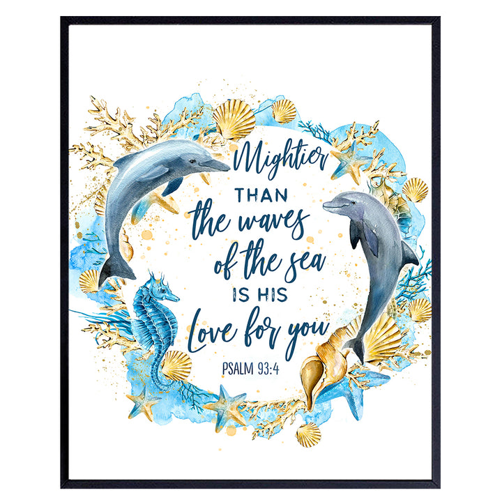 Ocean Dolphins Bible Verse Religious Wall Art - Inspirational Quote Christian Scripture Room Decoration for Bathroom, Bedroom - Nautical Beach House Poster - Mightier Than the Waves Blue Wall Decor