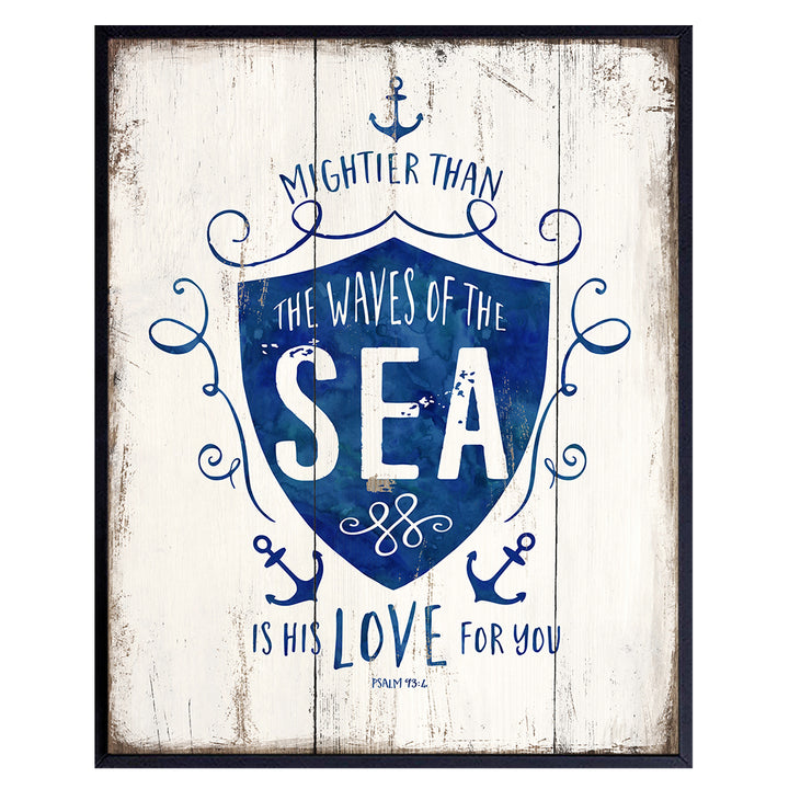 Mightier Than the Waves Religious Scripture Wall Decor - Nautical Beach House, Ocean Home Decoration - Bible Verse Wall Art - Gift for Christians-8x10 Poster for Bathroom, Bedroom, Kitchen - Blue