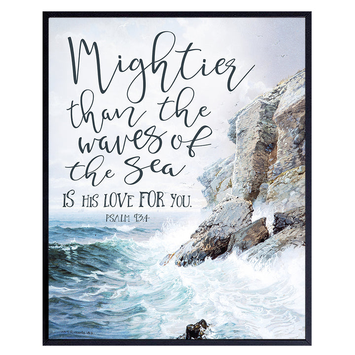 Mightier Than The Waves Is His Love For You - Bible Verse Wall Art - Nautical Beach House, Ocean Home Decoration - Religious Scripture Wall Decor - Christian Gifts - Psalms - Blue Bathroom Decor