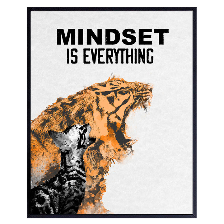 Motivational Wall Art Poster - Home, Office Decor - Gift for Entrepreneur, Student, Men, Teens - Positive Uplifting Inspirational Self-Improvement Quote w/Tiger, Cat, Kitten - Mindset is Everything