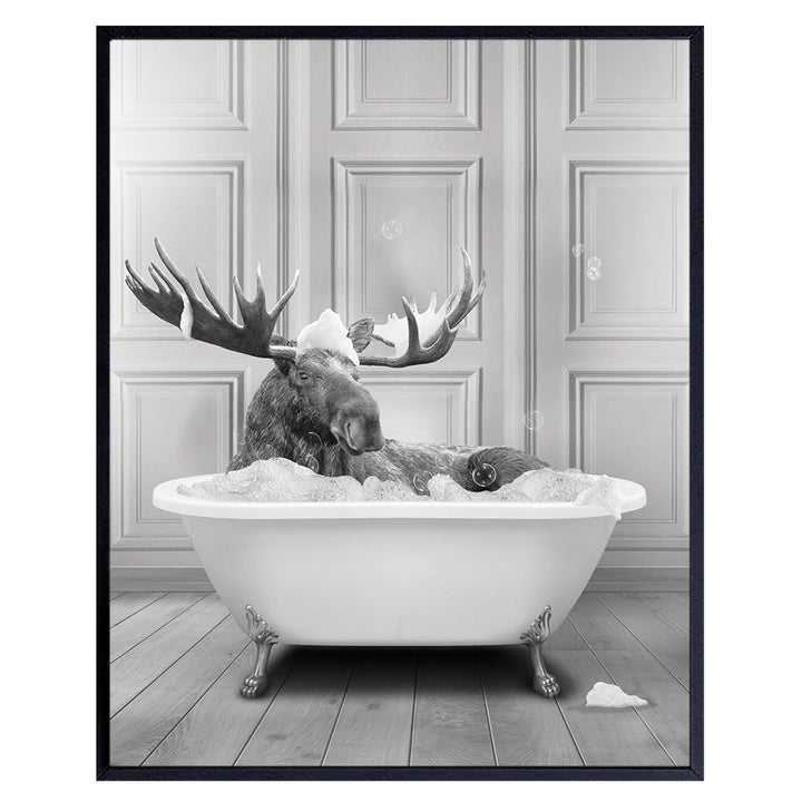 Moose Farmhouse Bathroom Decor - Rustic Bathroom Accessories for Men - Kids funny Bathroom Wall Art Poster - Cute Small Bathroom Pictures - Country Adirondack Hunting Wall Decor - Bath Wall Art Sign