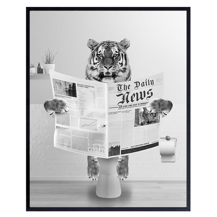 Tiger Wall Art & Decor - Bathroom Accessories for Men - Cute Funny Bathroom Sign - Black and White, Grey, Gray Powder room, Restroom, Guest Bathroom, Bath, Small Bathroom Decor, Kids Bathroom Picture