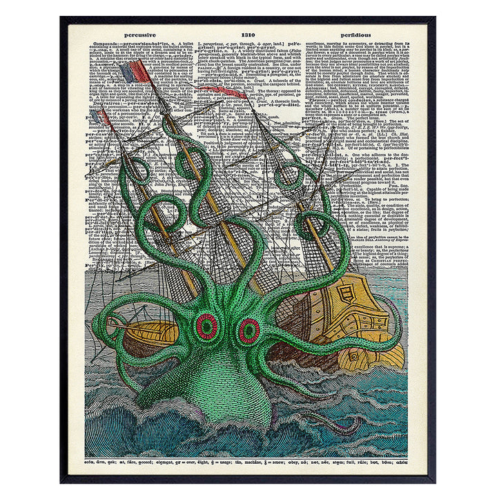 Kraken Octopus Dictionary Art - 8x10 Upcycled Vintage Nautical Decoration - Lake, Sea, Ocean and Beach House Decor - Gift for Steampunk Goth Fans - Unframed Retro Photo Poster Picture Print