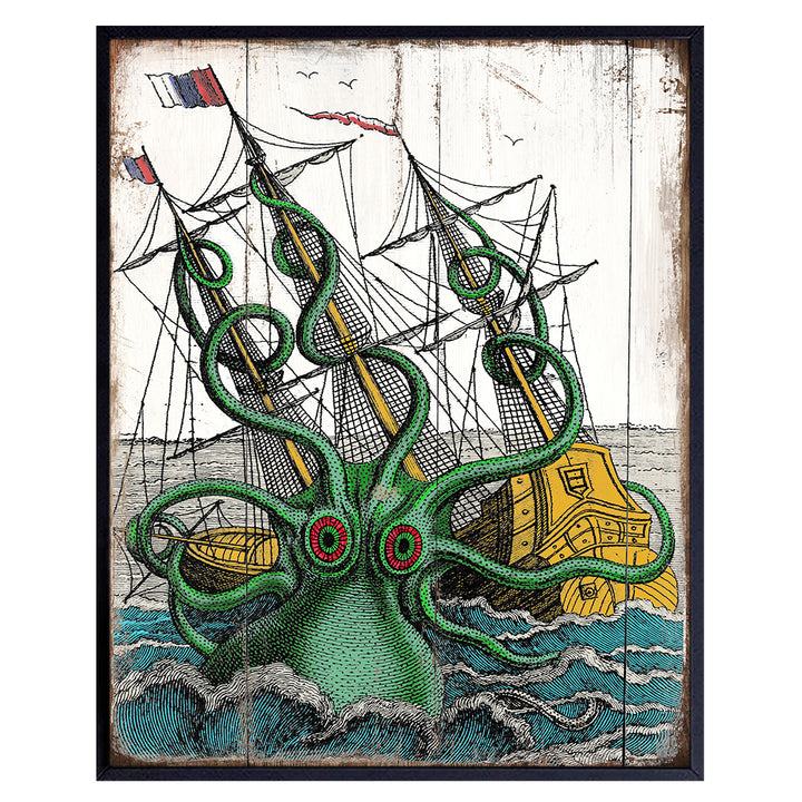 Kraken Octopus Wall Art Print - 8x10 Sign Picture - Vintage Shabby Chic Room Decoration - Nautical Home Decor for Lake, Sea, Ocean, Beach House - Cool Unique Gift, Unframed Rustic Poster