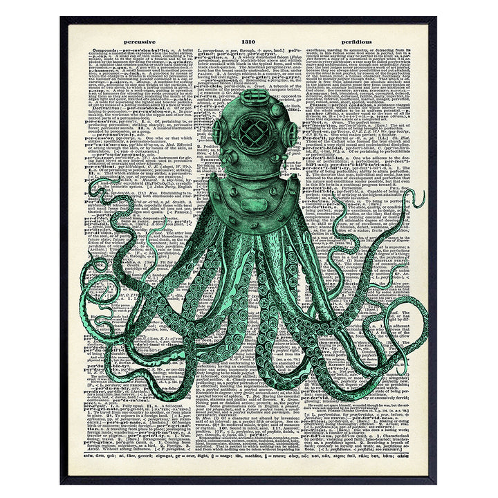 Octopus in Dive Helmet - Unframed Dictionary Wall Art Print - Steampunk - Great For Home Decor and Easy Gift Giving - Ready to Frame (8X10) Vintage Photo