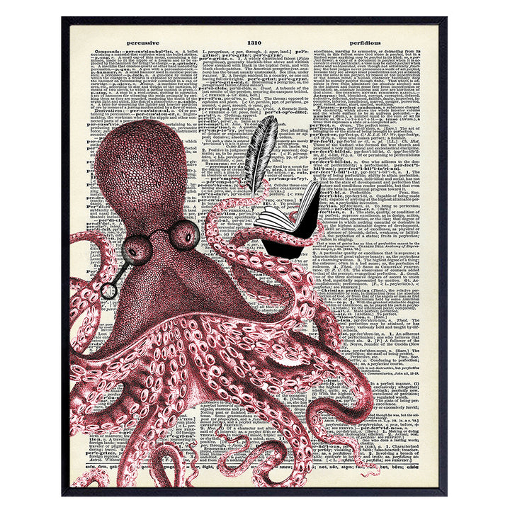 Cute Octopus Wall Decor - Beach Bathroom Decor Wall Art - Upcycled Dictionary Art - Chic Unique Gift for Writers, Authors, Blogging Fans, Book Lovers - Funny Picture Print Poster - Nautical Wall Art