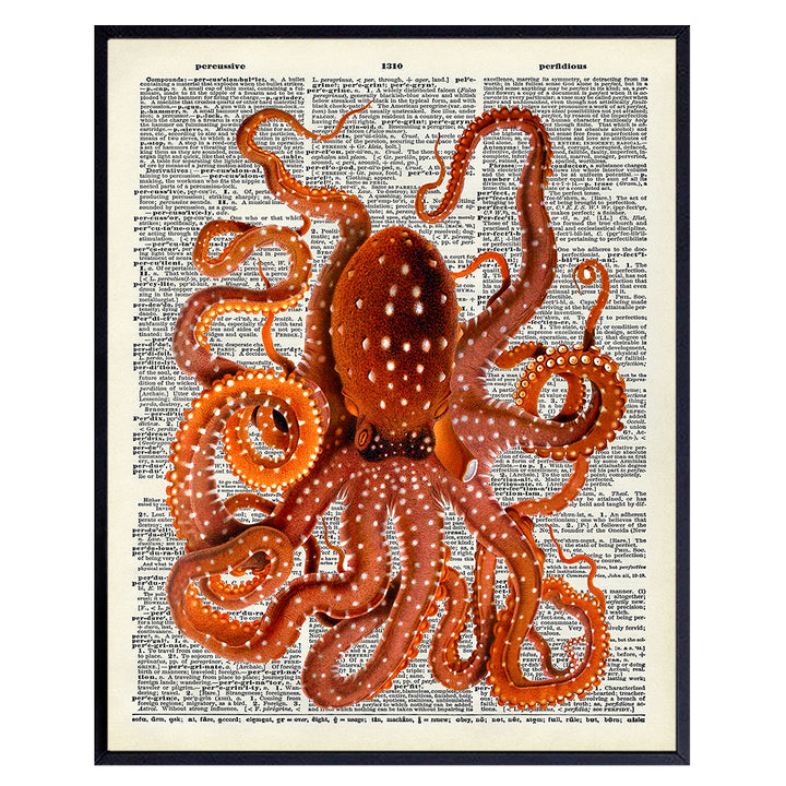 Orange Octopus Unframed Dictionary Wall Art Print - Perfect For Beach House Home Decor and Easy Gift Giving - Ready to Frame (8x10) Photo