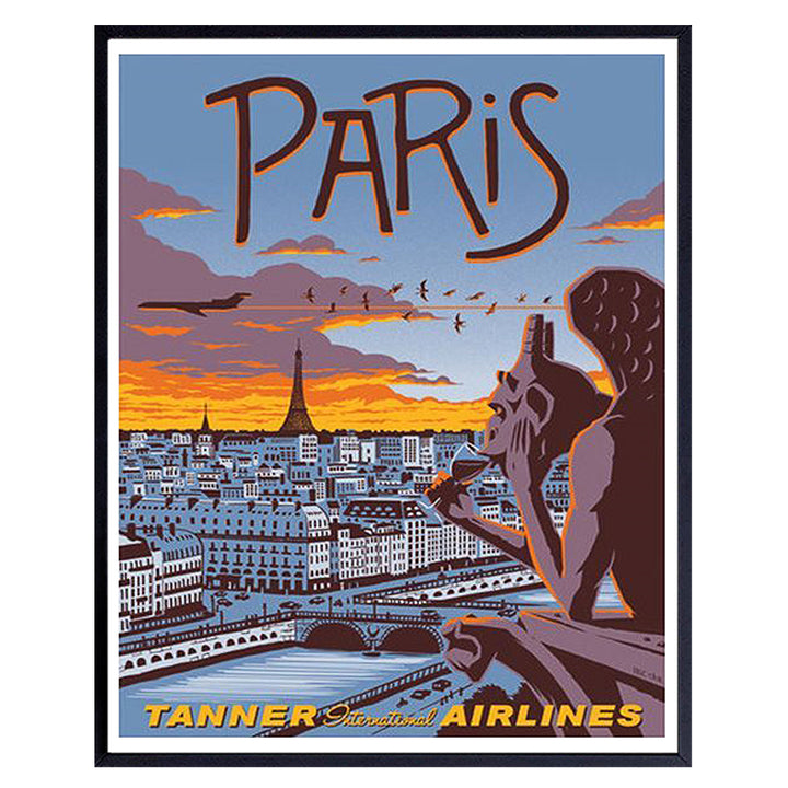 Paris Wall Decor - Vintage Airline Poster - Paris Decor for Bedroom, Bathroom, Kitchen, Living Room - Travel Decor - Travel Posters - Paris Room Decorations - Gift for French, France Fan, Francophile