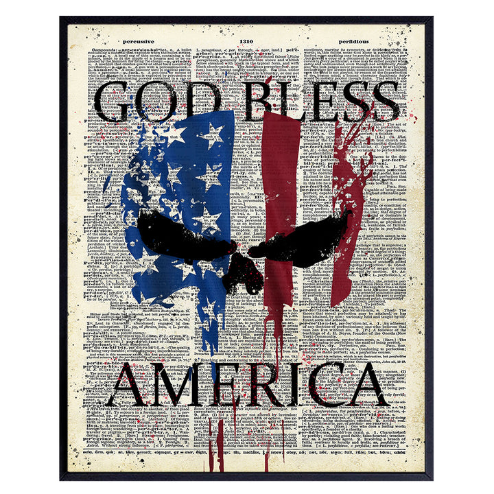 Patriotic American Flag Punisher Dictionary Art Print - Vintage Upcycled God Bless America Wall Art Poster- Great Home or Office Decor - Gift for Military Veterans, Vets, 4th of July - 8x10