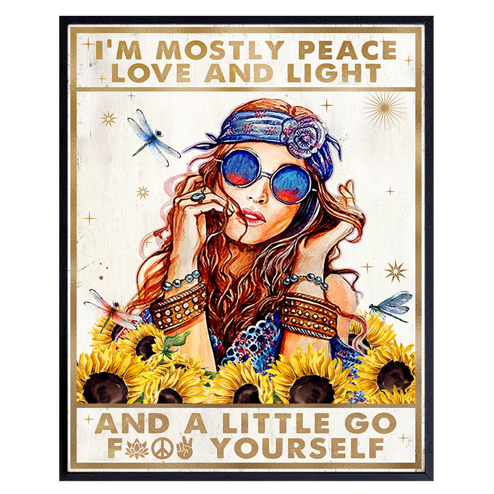 I'm Mostly Peace Love and Light Wall Art & Decor - Inspiration Motivational poster - Bohemian Boho-chic Wall Art - Trippy Hippie Home Decor - Funny Sayings Quotes - Spiritual New Age Gift for Women