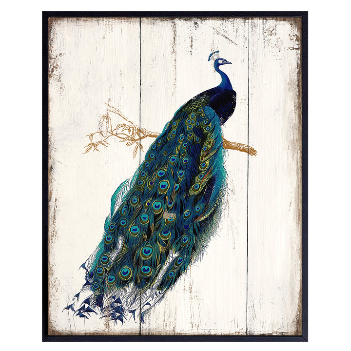 Peacock Wall Decor - Vintage Farmhouse Art - Rustic Boho Decoration Picture for Living Room, Bedroom, Bathroom, Home, Apartment - Original Shabby Chic Gift for Women, Nature Fan - 8x10 UNFRAMED Print