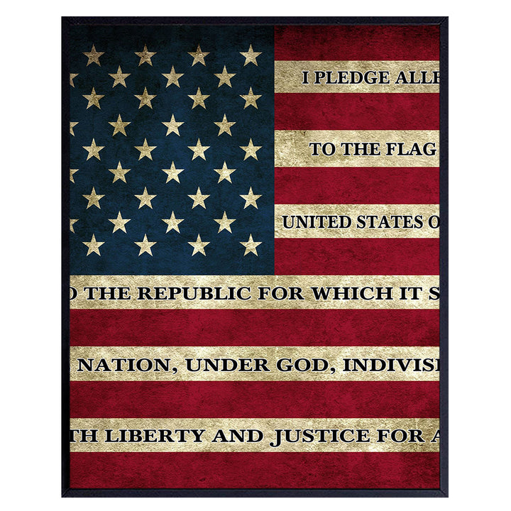 American Flag Pledge of Allegiance Patriotic Wall Art Picture - 8x10 Vintage Retro Rustic Home, Office or Apartment Decor for Living Room, Bedroom, Bar, Church - Gift for Patriots, America Fans