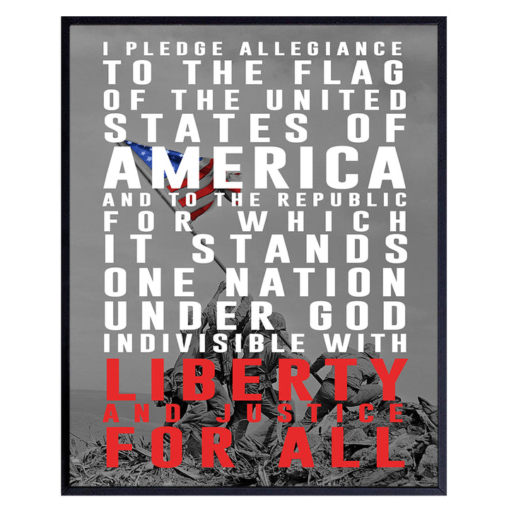 Pledge of Allegiance Patriotic Decor - 8x10 American Pride Wall Art Poster, Home, School, Office or Classroom Decoration - Unique Gift for Military Veterans, Vets, Teachers - Iwo Jima Flag Photo Print