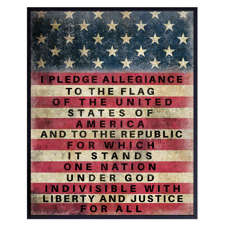 Patriotic American Flag Pledge of Allegiance Wall Art Print - Vintage Farmhouse Retro Home Decor - Great Gift for Military Veterans and 4th of July - Unframed 8x10 Photo