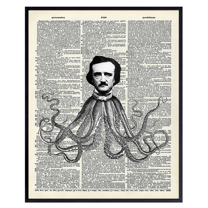 Edgar Allan Poe Octopus Wall Art - Goth Gothic Home Decor, Decoration for Bedroom, Living Room, Bathroom - Funny Gift for Steampunk Fans, Men, Teens - 8x10 UNFRAMED Poster Print