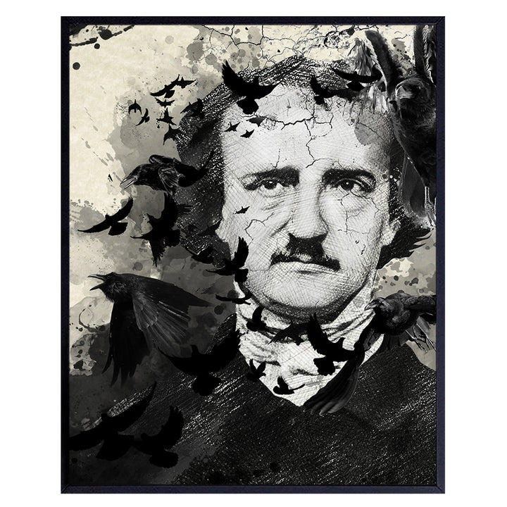 Edgar Allan Poe Poster - The Raven Gothic Wall Art Decor - Creepy Spooky Crow Home Decoration for Living Room, Apartment, Bedroom - Goth Gift for Men, Women, Wiccan, Halloween - 8x10 Picture Print