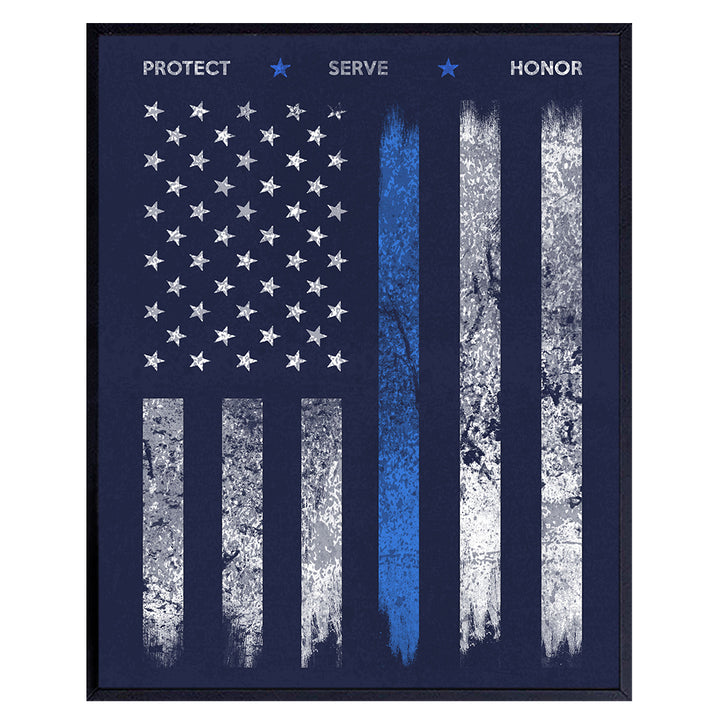 Police Flag Art Print - Rustic Wall Art Poster - Chic Home Decor for Office, Man Cave, Station, Gift for Police Officer, First Responder - 8x10 Photo Unframed