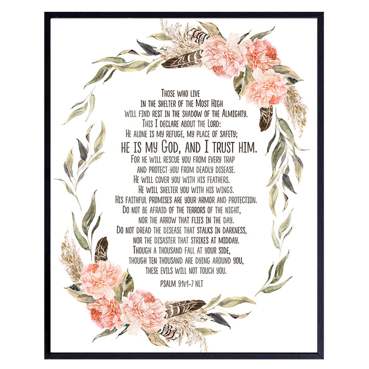 Boho Psalm 91 Wall Art - He Will Cover You With His Feathers Wall Art - Catholic Religious Christian Gifts for Women - Holy Scriptures Wall Decor - Church Decorations - Blessed Faith Wall Decor