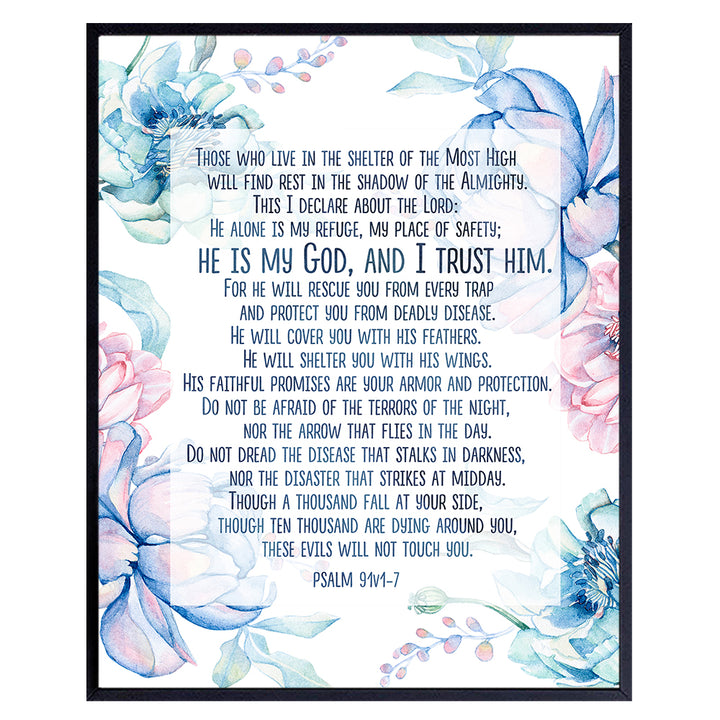 Psalm 91 - Scripture Wall Art - Psalms Bible Verse Wall Art - Church Decorations - God Wall Decor - Catholic Wall Decor - Christian Gifts for Women - Floral Religious Wall Decor