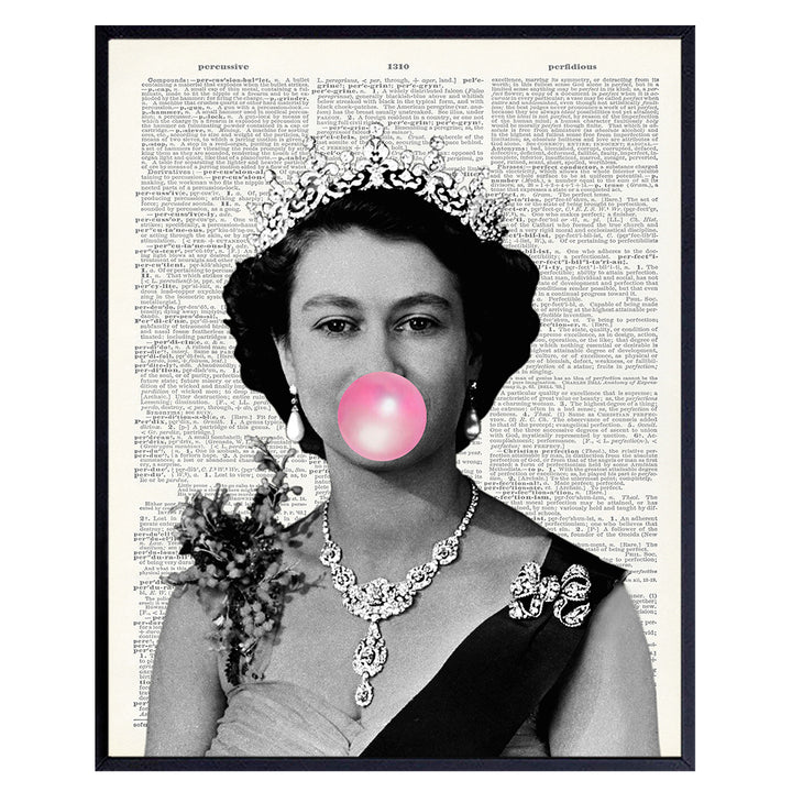 Queen Elizabeth Blowing Bubbles- Funny Wall Art Print on Dictionary Photo - Gift for English British Monarch Fans - Home Decor for Royal Enthusiasts - 8X10 Vintage Picture