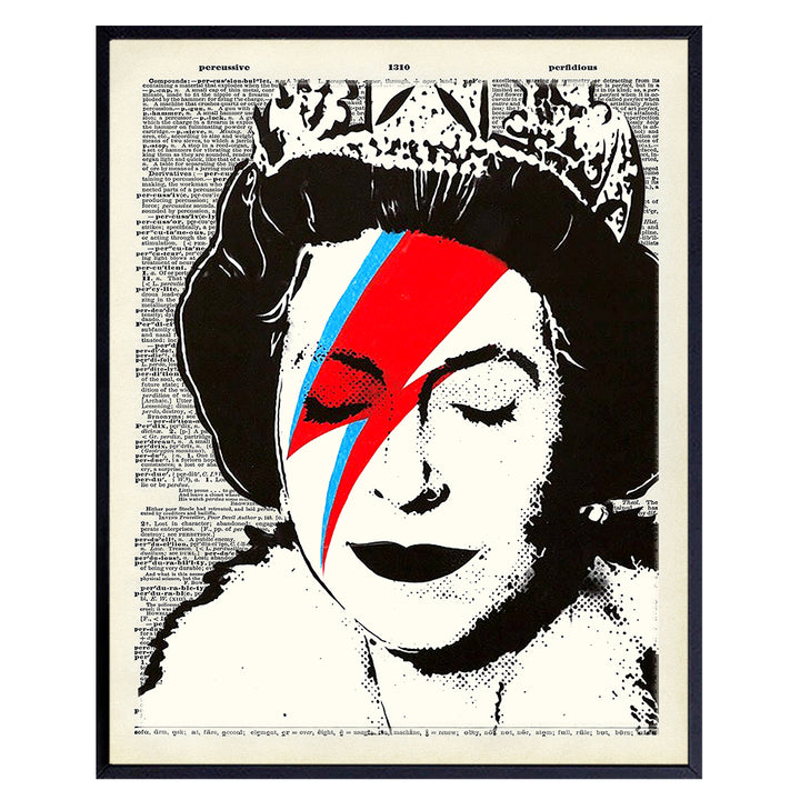 Banksy Queen Elizabeth Wall Art Poster - 8x10 Graffiti Art Print - Dictionary Art - Unique Gift for Urban Street Art Fans - Cool Room Decor for David Bowie Ziggy Stardust, British Royalty Fans