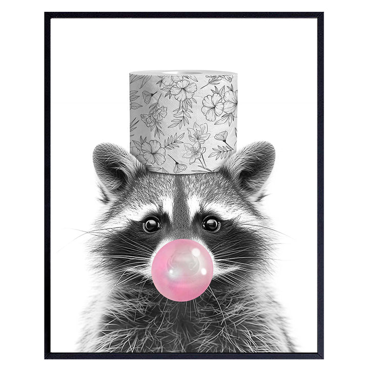 Cute Raccoon Bathroom Wall Decor - Kids Bathroom Decor - Toddler Girl, Boys small Bathroom Wall Art Pictures - Baby Nursery funny Home Decor- Pink Restroom Signs - Black Gray Grey Bathroom Accessories