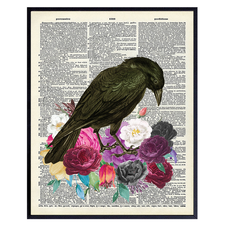 Goth Skull, Roses, Flowers Wall Art - Edgar Allan Poe The Raven Home Decor Picture - Gift for Medieval Gothic, Wicca, Wiccan, Witchcraft, Occult Fan - Creepy Poster for Bedroom, Living Room