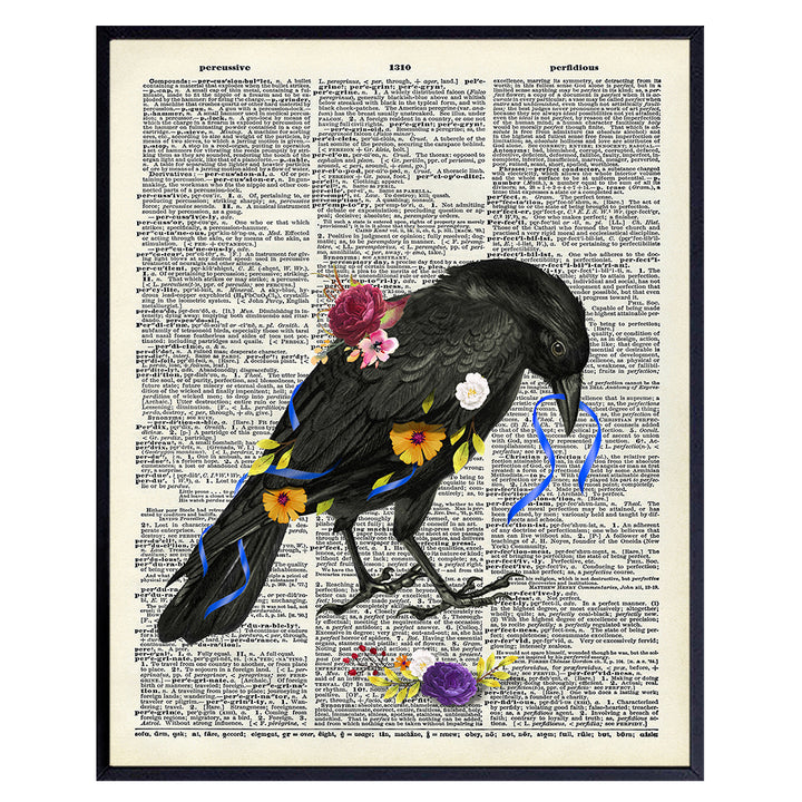 Floral Black Raven Wall Art - Gothic Crow Home Decor - Gift for Edgar Allan Poe, Goth Fans, Women - Cool Medieval Decor Picture Print for Bedroom, Living Room