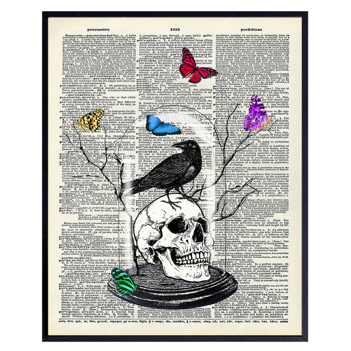 Gothic Skull Wall Art Home Decor - Edgar Allan Poe The Raven Decor with Butterflies - Gift for Goth, Wicca, Wiccan, Witchcraft, Occult Fan - Creepy Medieval Picture Print for Bedroom, Living Room