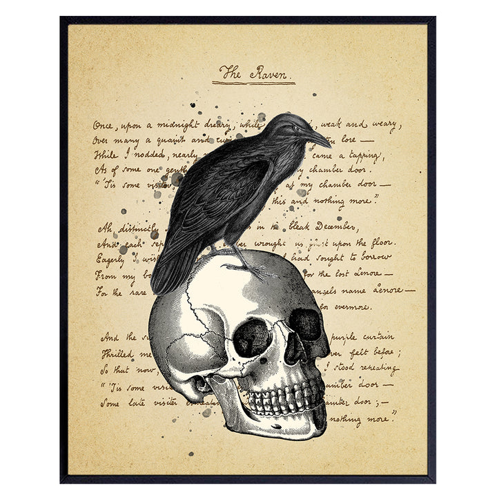 Edgar Allan Poe The Raven on Skull Poster - Vintage Gothic Creepy Wall Art - Goth Rustic Retro Home Decor, Nevermore Poem - Apartment or Office Decoration Picture for Living Room, Bedroom