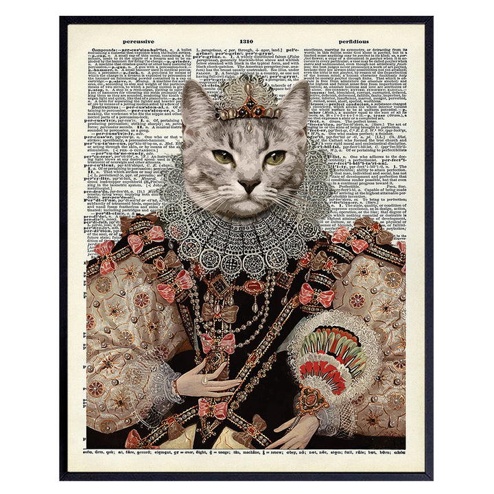 Renaissance Cat Queen Dictionary Wall Art Print - Funny Home Decor for Kitty Lovers and a Great Gift for Her. - Vintage 8x10 Photo - Makes a Great Set with King Cat - Unframed