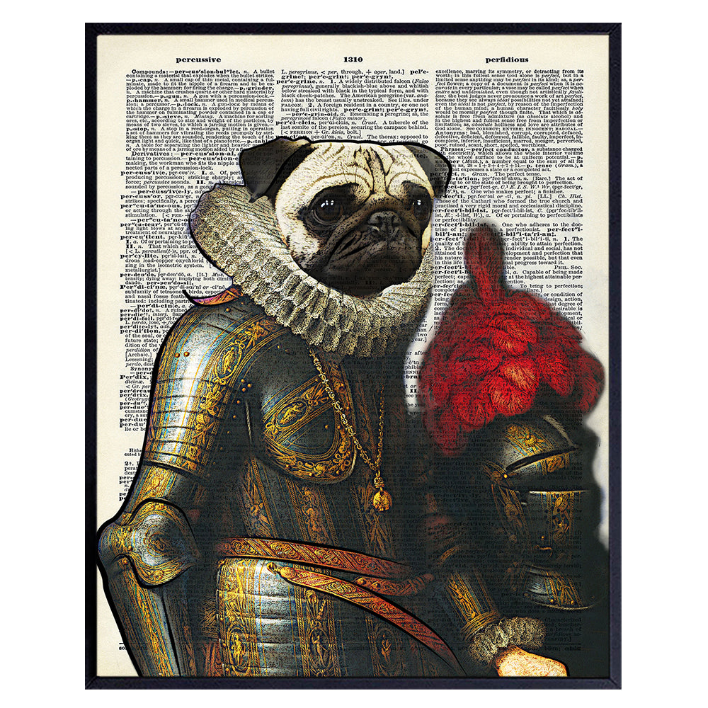 Pug Dictionary Art Print - Vintage Upcycled Wall Art Poster - Chic Rustic Home Decor for Bedroom, Office, Living Room, Den - Great Gift for Dog Lovers and Renaissance Fans - 8x10 Photo - Unframed