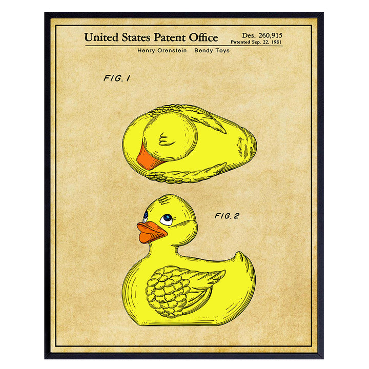 Rubber Duck Bathroom Patent Art Print - Vintage Wall Art Poster - Chic Retro Home Decor for Boys, Girls and Baby Room, Nursery or Bath - Great Gift for Mom - 8x10 Photo - Unframed