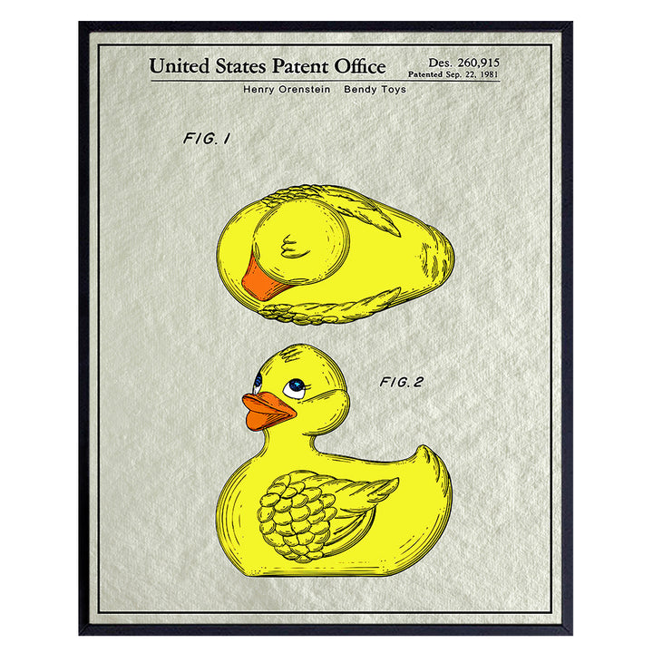 Original Rubber Duck Bathroom Patent Art Print - 8x10 Vintage Wall Art Poster - Chic Retro Home Decor for Boys, Girls, Kids, Baby Room, Nursery or Bath - Great Gift for Mom - Unframed Photo