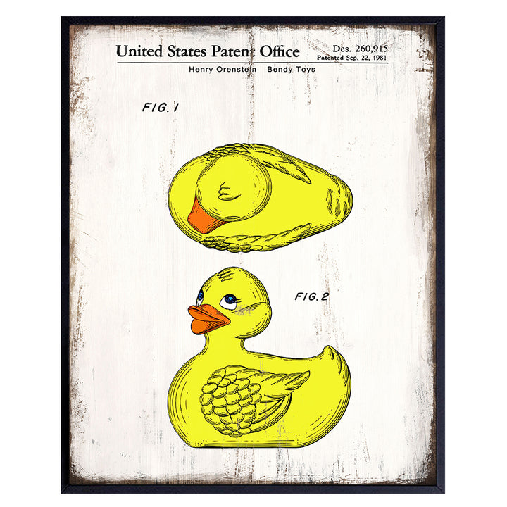 Rubber Ducky Patent Print - 8x10 Vintage Bathroom Wall Art Photo -Retro Farmhouse Cottage Home Decor for Boys, Girls, Kids, Baby Room, Nursery, Bath - Rustic Shabby Chic Gift for Mom - Unframed Poster