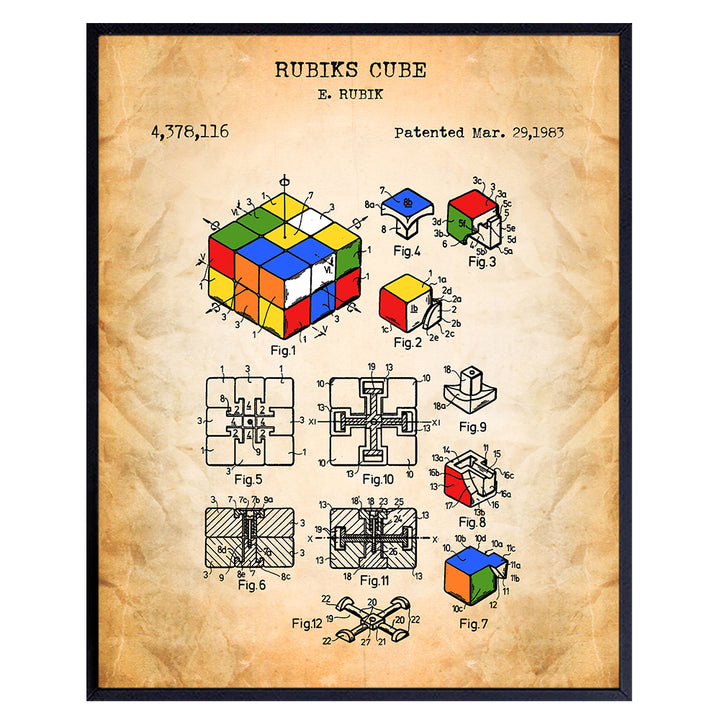 Rubiks Cube Vintage Wall Art Poster - 8x10 Patent Art Print - Chic Rustic Home Decor for Kids, Teens Room, Family or Game Room, Living Room, Den, Office, Dorm - Gift for Nerds, Gamers, Puzzle Fans