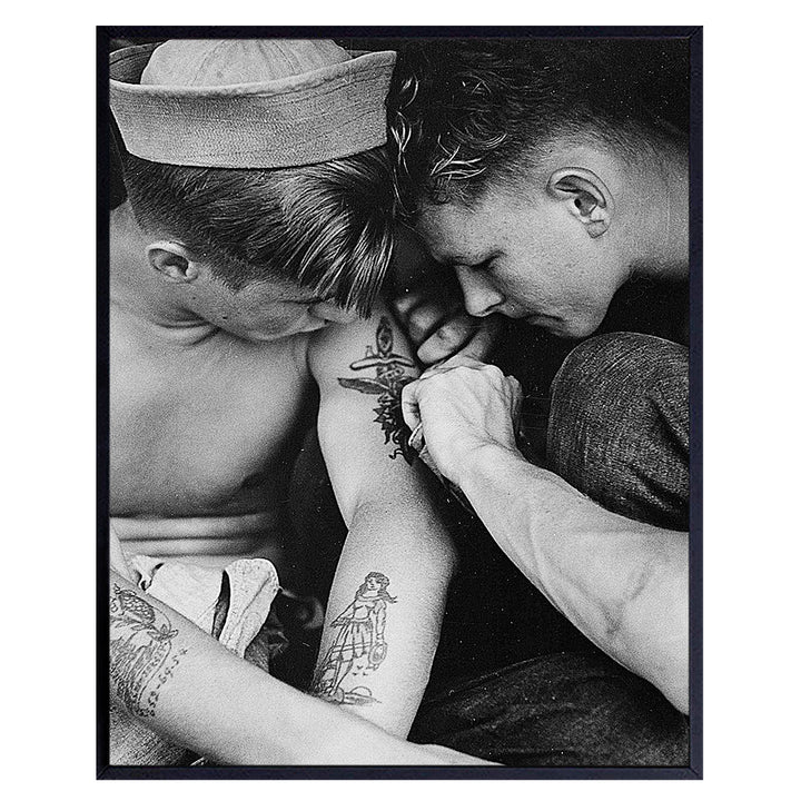 Navy Tattoo Vintage WWII Photo - 8x10 Military Sailors Poster Print for Living Room Decor, Home Decoration, Tattoo Parlor Studio - Cool Unique Patriotic Gift for Veterans, Vets, Servicemen - Wall Art