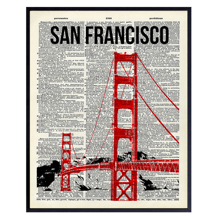 San Francisco Golden Gate Bridge Dictionary Wall Art - 8x10 Upcycled Photo, Home Decor, Room Decoration Poster Print - Cool Unique Gift for California, CA Fans - Unframed Picture